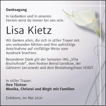 Traueranzeige von Lisa Kietz von Trauerkombi Mansfelder Land