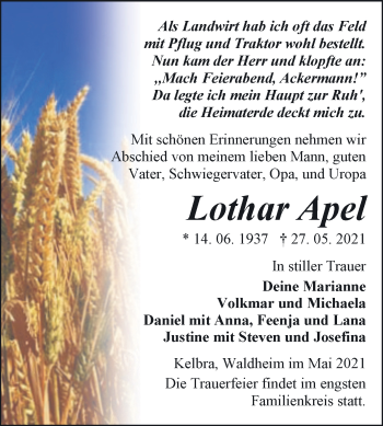 Traueranzeige von Lothar Apel von Trauerkombi Sangerhausen