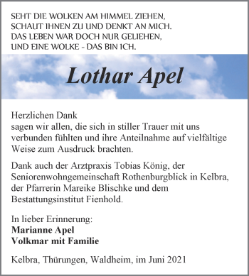 Traueranzeige von Lothar Apel von Trauerkombi Sangerhausen