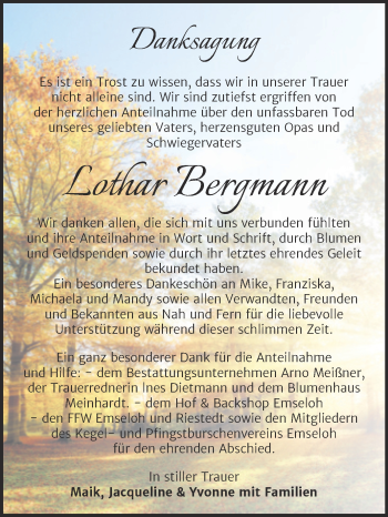 Traueranzeige von Lothar Bergmann von Trauerkombi Sangerhausen
