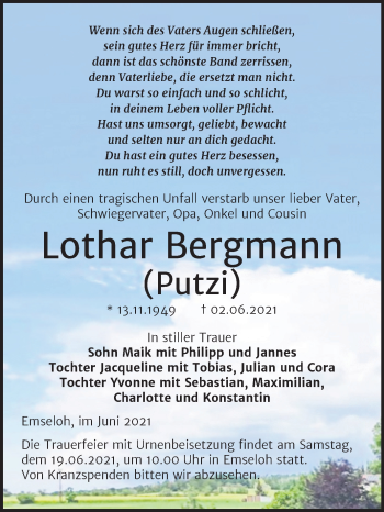 Traueranzeige von Lothar Bergmann von Trauerkombi Sangerhausen