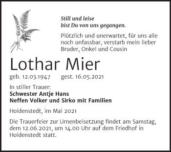 Traueranzeige von Lothar Mier von Trauerkombi Sangerhausen