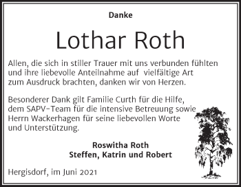 Traueranzeige von Lothar Roth von Trauerkombi Mansfelder Land