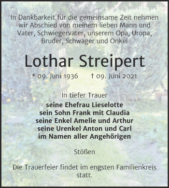Traueranzeige von Lothar Streipert von Trauerkombi Weißenfels