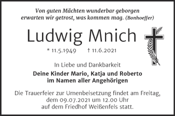 Traueranzeige von Ludwig Mnich von Trauerkombi Weißenfels