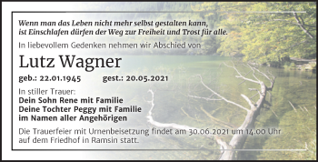 Traueranzeige von Lutz Wagner von Trauerkombi Bitterfeld