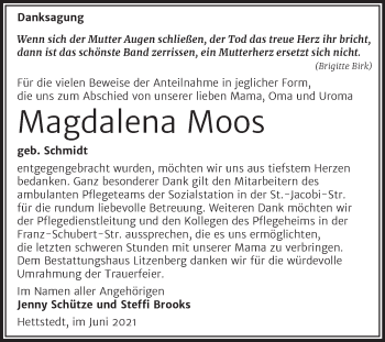 Traueranzeige von Magdalena Moos von Mitteldeutsche Zeitung Mansfelder Land