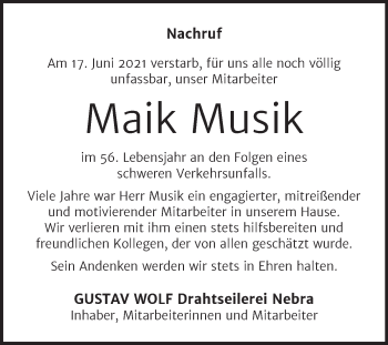 Traueranzeige von Maik Musik von Naumburger Tageblatt