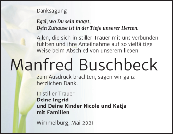 Traueranzeige von Manfred Buschheck von Trauerkombi Mansfelder Land
