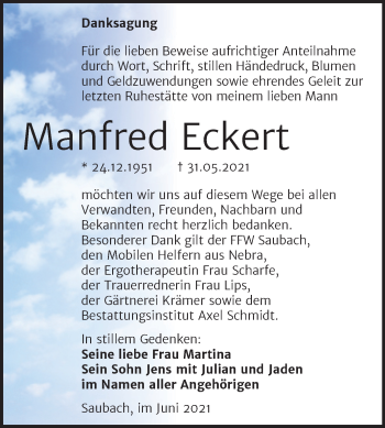Traueranzeige von Manfred Eckert von Wochenspiegel Naumburg/Nebra