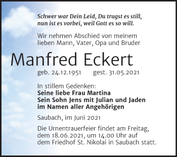 Traueranzeige von Manfred Eckert von Wochenspiegel Naumburg/Nebra