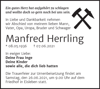 Traueranzeige von Manfred Herrling von Trauerkombi Mansfelder Land