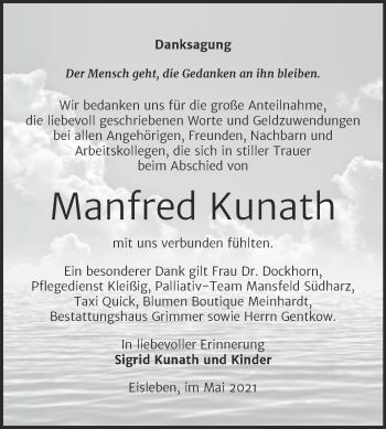 Traueranzeige von Manfred Kunath von Trauerkombi Mansfelder Land