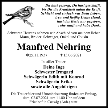 Traueranzeige von Manfred Nehring von Trauerkombi Wittenberg