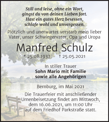 Traueranzeige von Manfred Schulz von Trauerkombi Bernburg