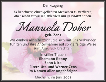 Traueranzeige von Manuela Dober von Trauerkombi Merseburg