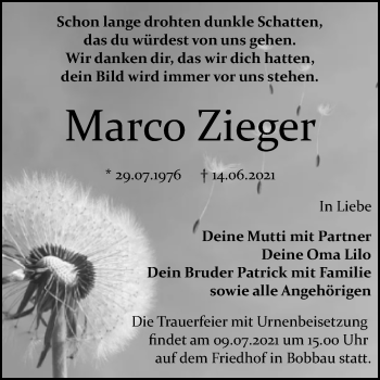 Traueranzeige von Marco Zieger von Trauerkombi Bitterfeld