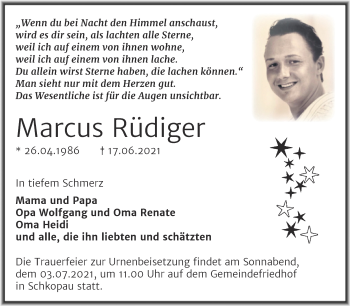 Traueranzeige von Marcus Rüdiger von Trauerkombi Merseburg