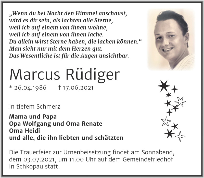  Traueranzeige für Marcus Rüdiger vom 26.06.2021 aus Trauerkombi Merseburg