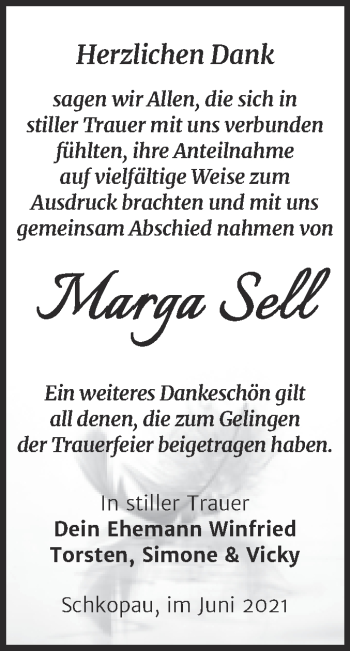 Traueranzeige von Marga Sell von Trauerkombi Merseburg