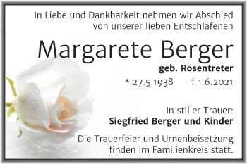 Traueranzeige von Margarete Berger von Trauerkombi Mansfelder Land