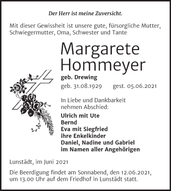 Traueranzeige von Margarete Hommeyer von Trauerkombi Merseburg