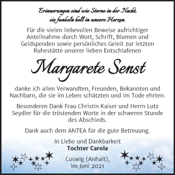 Traueranzeige von Margarete Senst von Trauerkombi Wittenberg