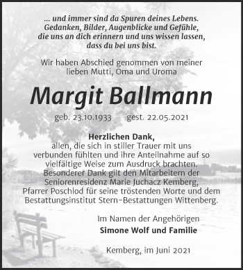 Traueranzeige von Margit Ballmann von Super Sonntag Wittenberg