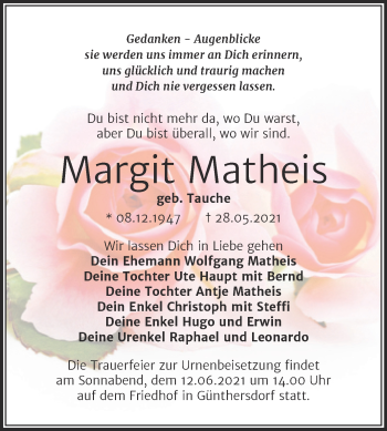 Traueranzeige von Margit Matheis von Trauerkombi Merseburg