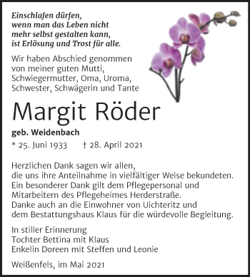 Traueranzeige von Margit Röder von Trauerkombi Weißenfels