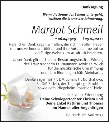 Traueranzeige von Margot Schmeil von Trauerkombi Bitterfeld