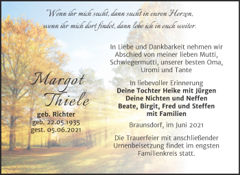 Traueranzeige von Margot Thiele von Trauerkombi Wittenberg