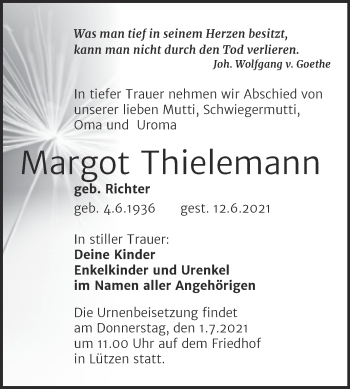 Traueranzeige von Margot Thielemann von Trauerkombi Weißenfels