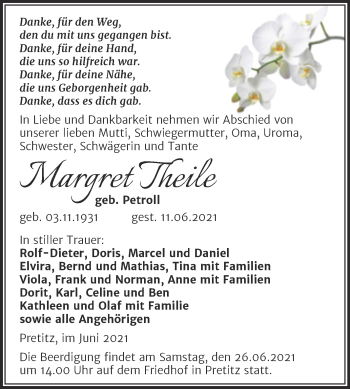 Traueranzeige von Margret Theile von Trauerkombi Merseburg