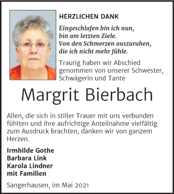 Traueranzeige von Margrit Bierbach von Trauerkombi Sangerhausen