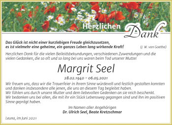 Traueranzeige von Margrit Seel von Trauerkombi Merseburg