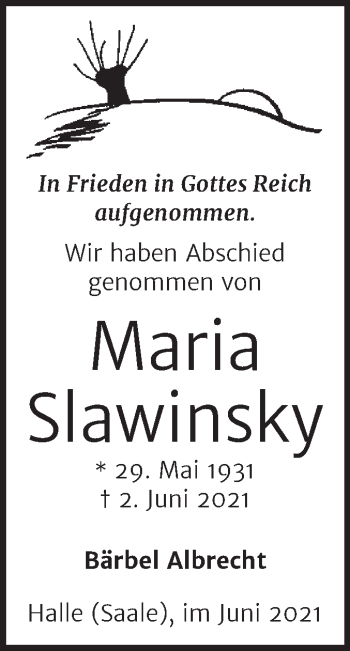 Traueranzeige von Maria Slawinsky von Mitteldeutsche Zeitung Halle/Saalkreis