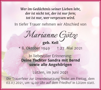 Traueranzeige von Marianne Götze von Trauerkombi Weißenfels
