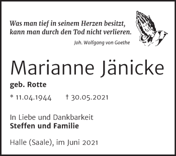 Traueranzeige von Marianne Jänicke von Mitteldeutsche Zeitung Halle/Saalkreis