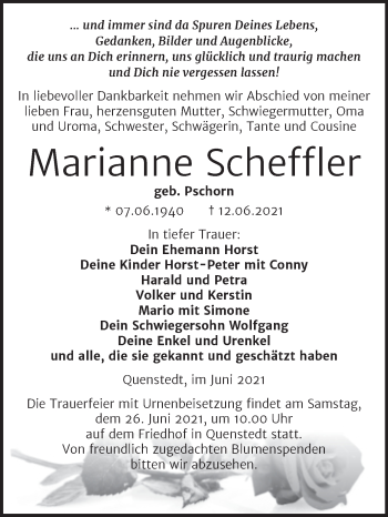 Traueranzeige von Marianne Scheffler von Trauerkombi Mansfelder Land