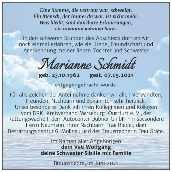 Traueranzeige von Marianne Schmidt von Trauerkombi Merseburg
