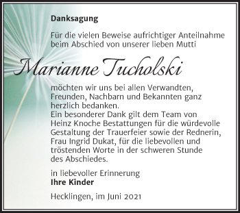Traueranzeige von Marianne Tucholski von Trauerkombi Aschersleben