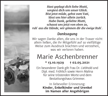 Traueranzeige von Marie Aschenbrenner von Trauerkombi Mansfelder Land