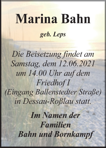 Traueranzeige von Marina Bahn von Trauerkombi Dessau