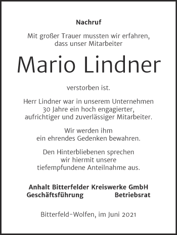 Traueranzeige von Mario Lindner von Wochenspiegel Bitterfeld