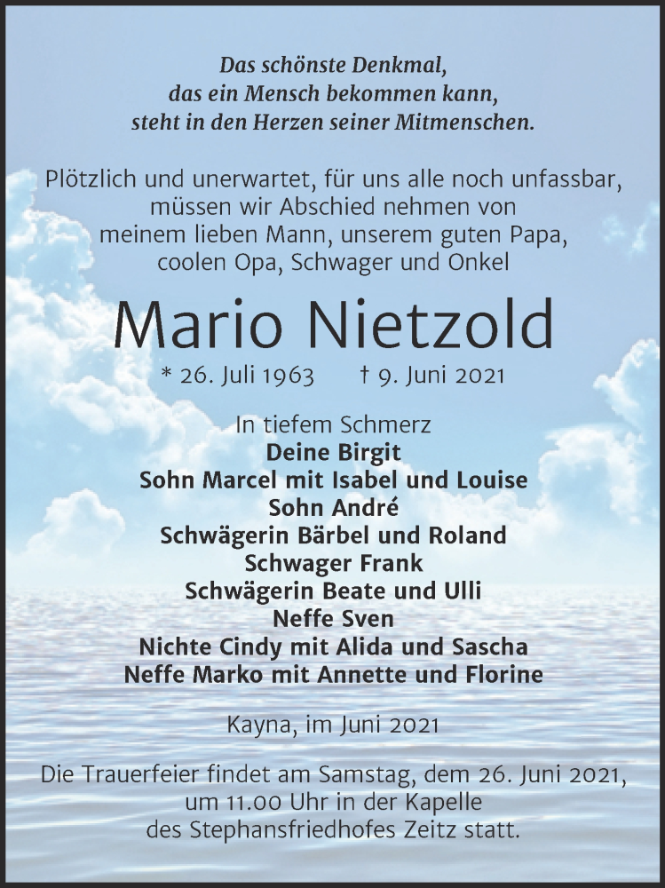  Traueranzeige für Mario Nietzold vom 15.06.2021 aus Trauerkombi Zeitz