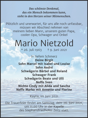 Traueranzeige von Mario Nietzold von Trauerkombi Zeitz