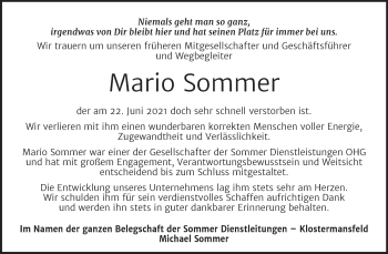 Traueranzeige von Mario Sommer von Mitteldeutsche Zeitung Mansfelder Land