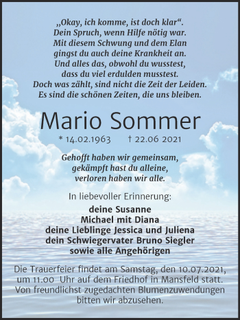 Traueranzeige von Mario Sommer von Trauerkombi Mansfelder Land