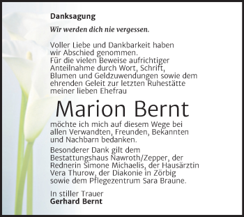 Traueranzeige von Marion Bernt von Trauerkombi Bitterfeld